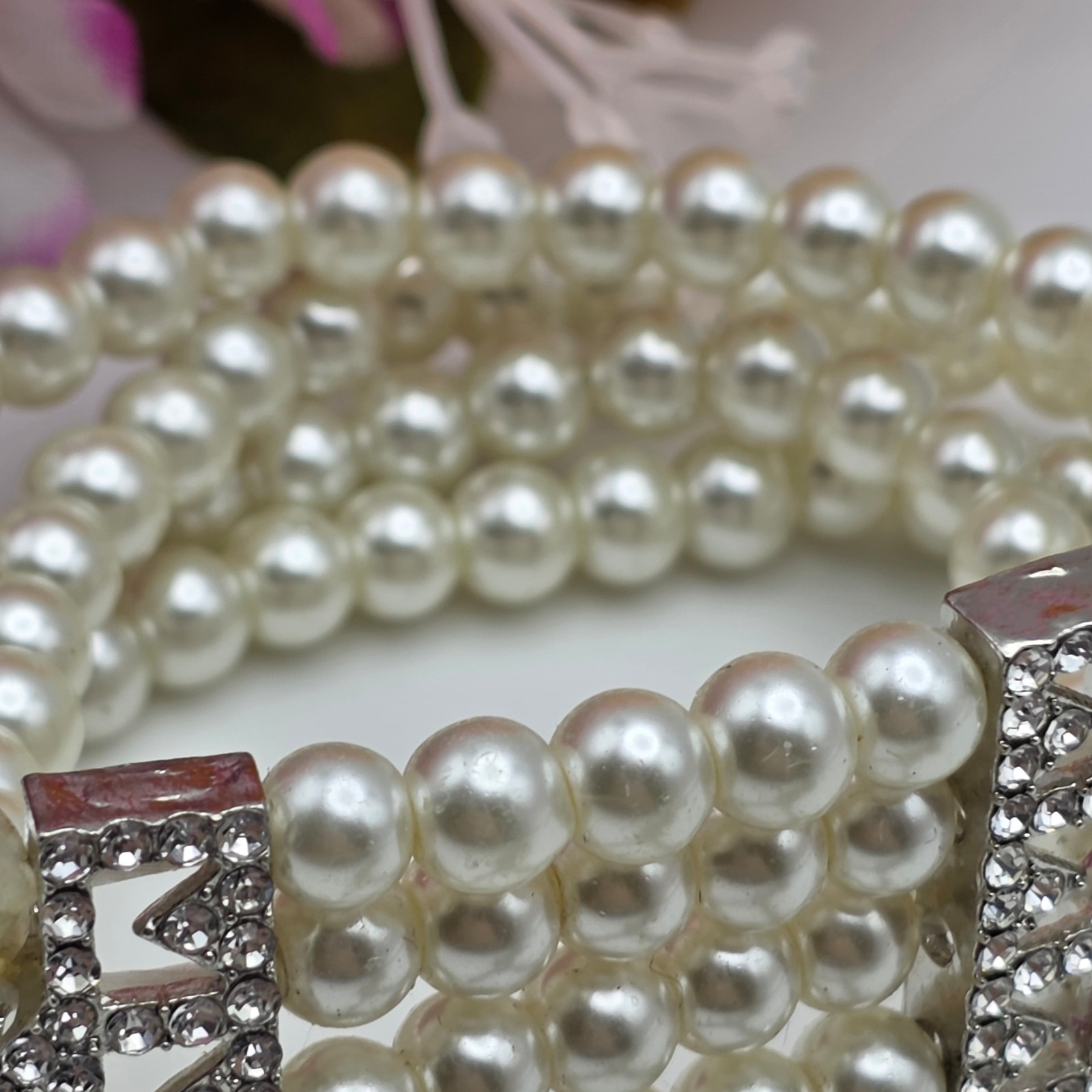 Vintage Faux Pearl Slave Bracelet Ring Set Clear Crystal Pave Stretch Bridal