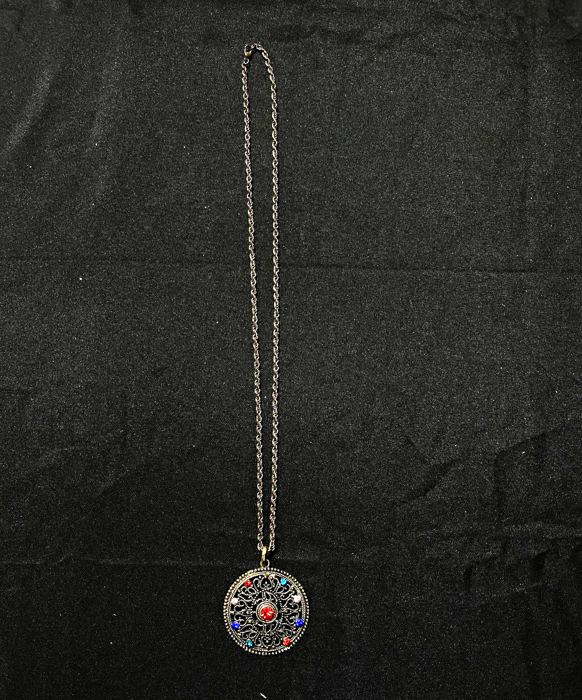 Silver-Tone Cable Chain Necklace w/ Round Multicolor Rhinestone Charm Pendant