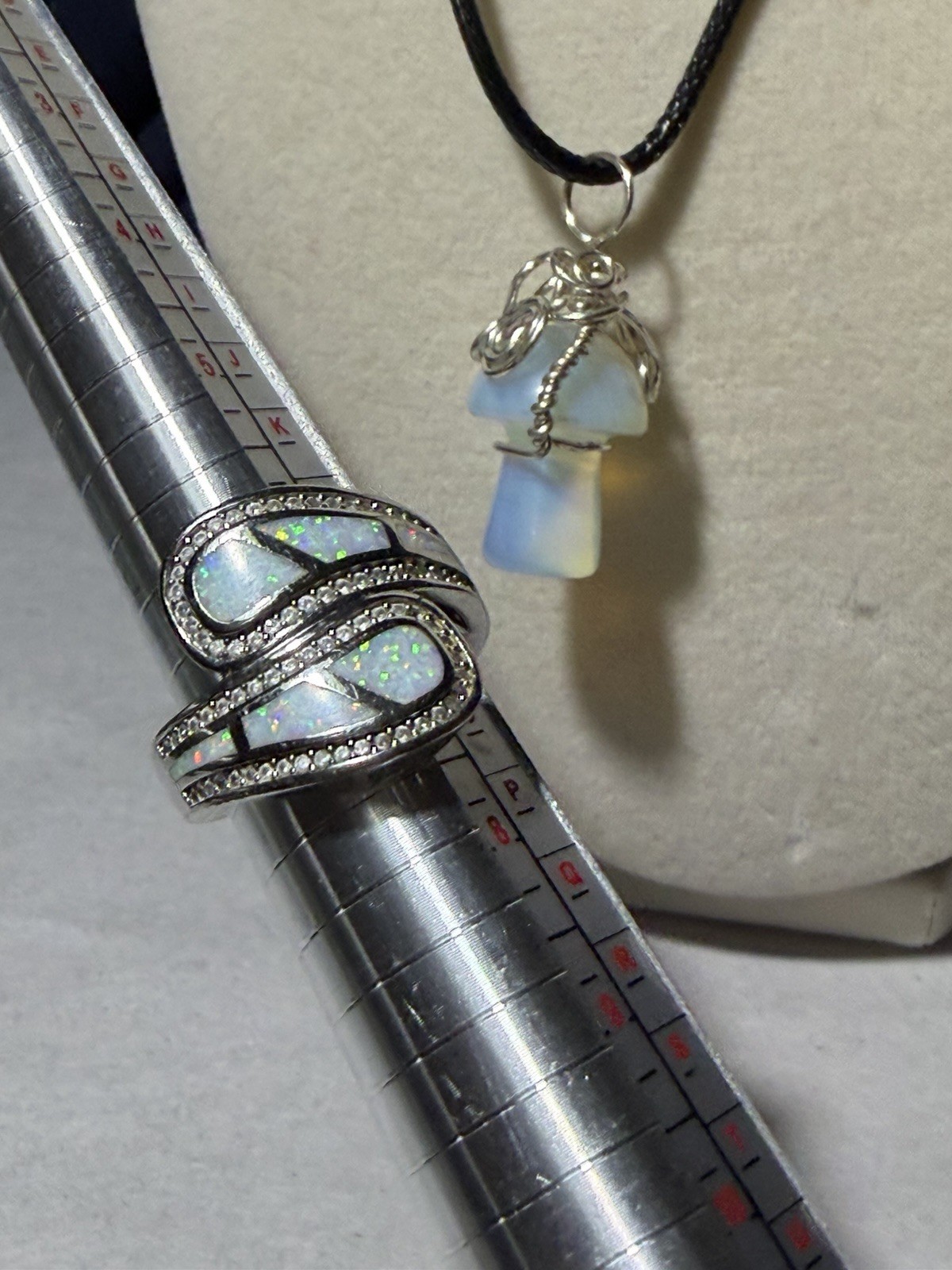 Wire Wrapped Opalite Mushroom Necklace & Inlaid White Fire Opal Bypass Ring Set