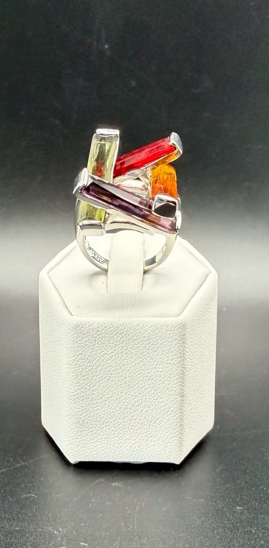 18K White Gold Plated Multicolor Crystal Baguette Abstract Ring Size 6.5