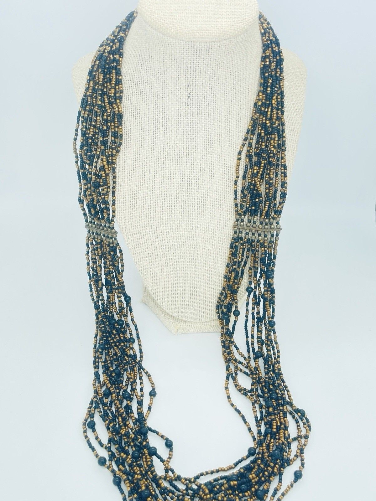 Multi Strand Glass Seed Bead Necklace Vintage Boho 16 Strand Bronze Black 38″