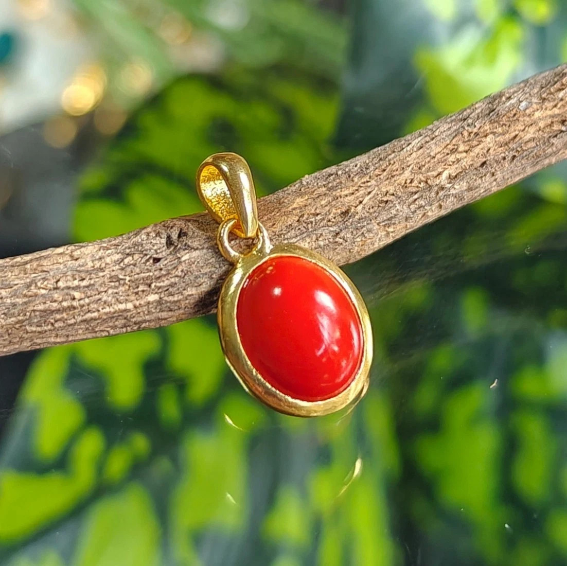 Red Coral Gemstone Pendant, 9x11mm Oval Gold Plated Handmade Fashion Jewelry.