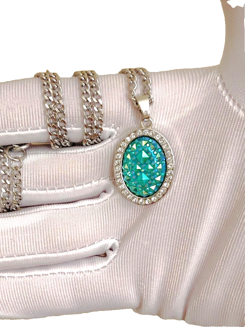 Turquoise Resin Druzy Pendant in Stainless-Steel 13x18mm With Rhinestone Halo