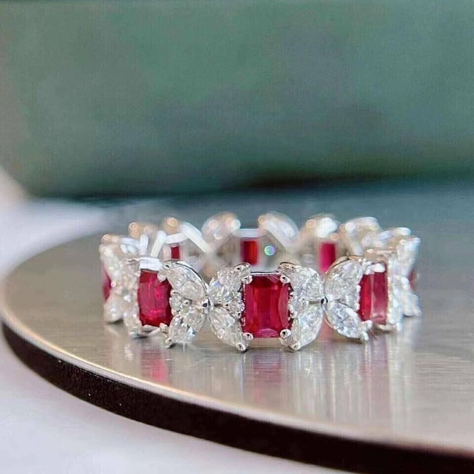 Emerald Cut Simulated Ruby Women’s Gorgeous Eternity Ring 14K White Gold Plated