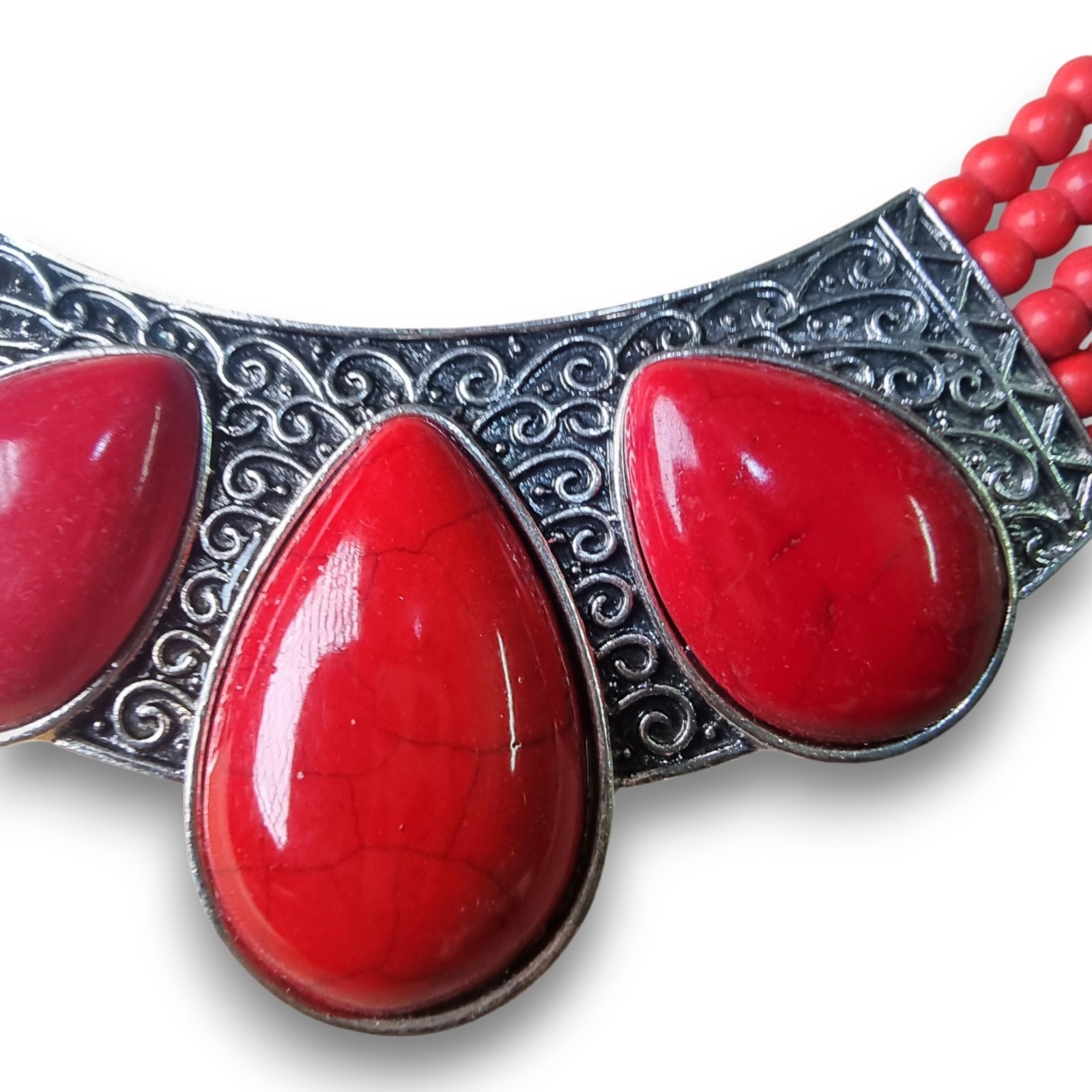 Boho Red Bead Multi-Strand Bib Necklace Silver Scrollwork Tribal Statement