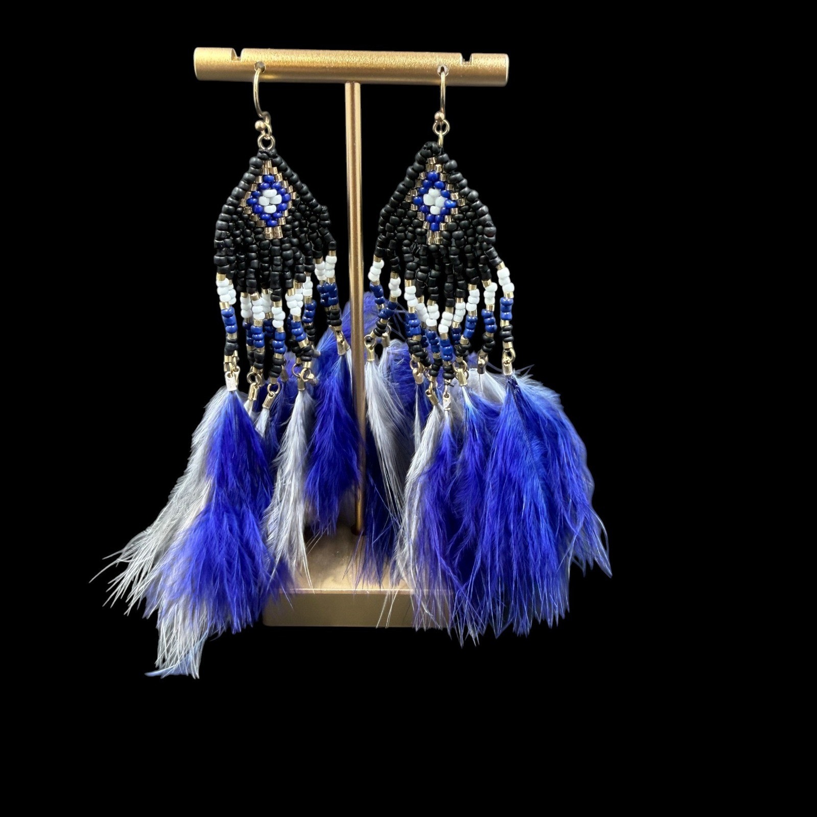 NWT Express Beaded Feather Earrings Blue Black Boho Festival Statement Drop