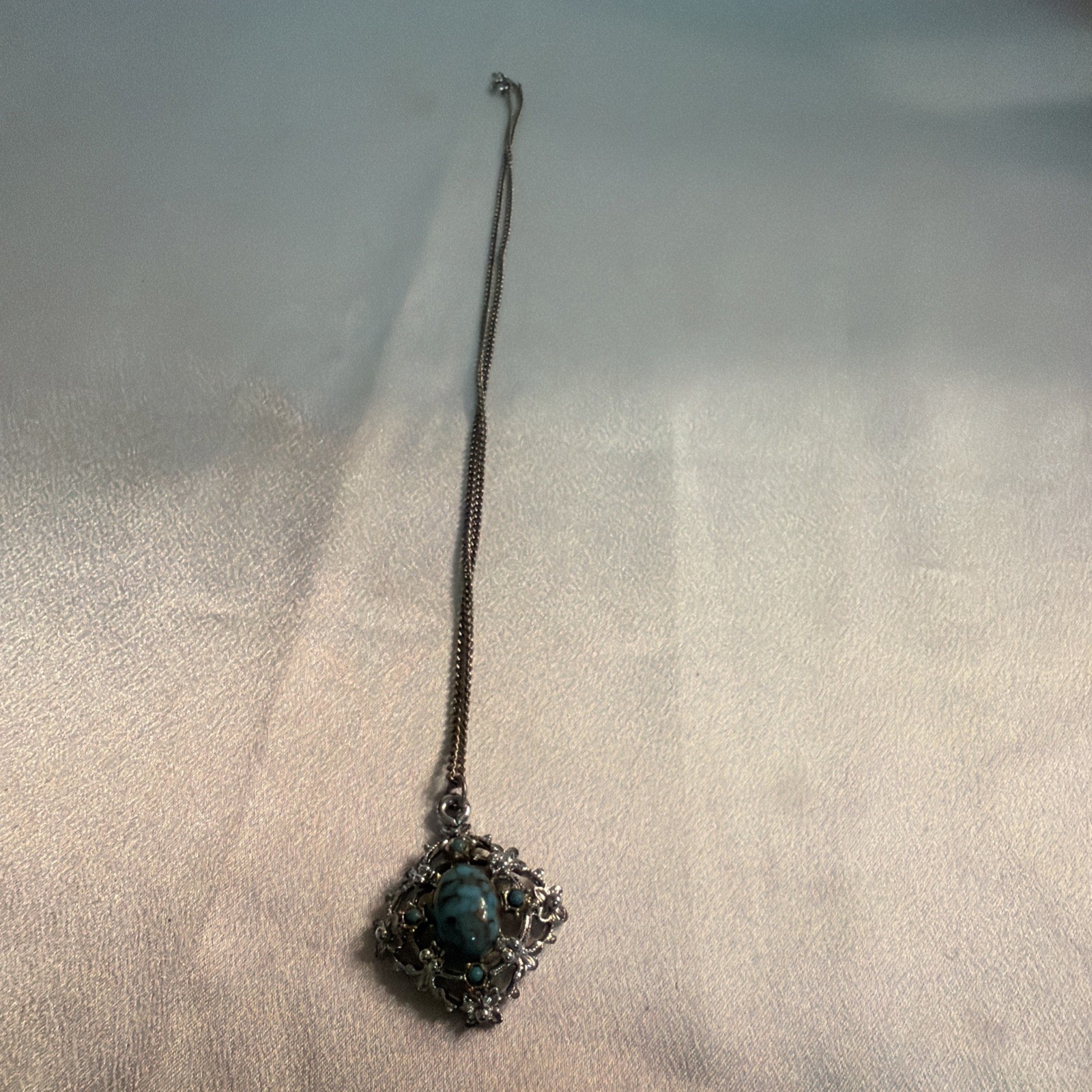 Turquoise And Silver Colored Pendant Necklace 18 Inches Long