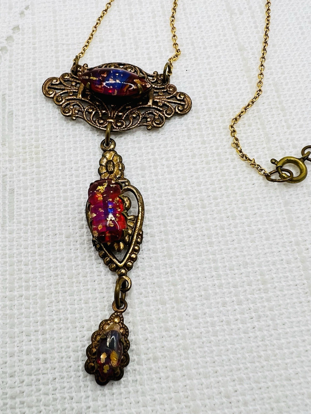 Art Nouveau Blue Red Foil Dragon Glass Brass Filigree Lavaliere Necklace