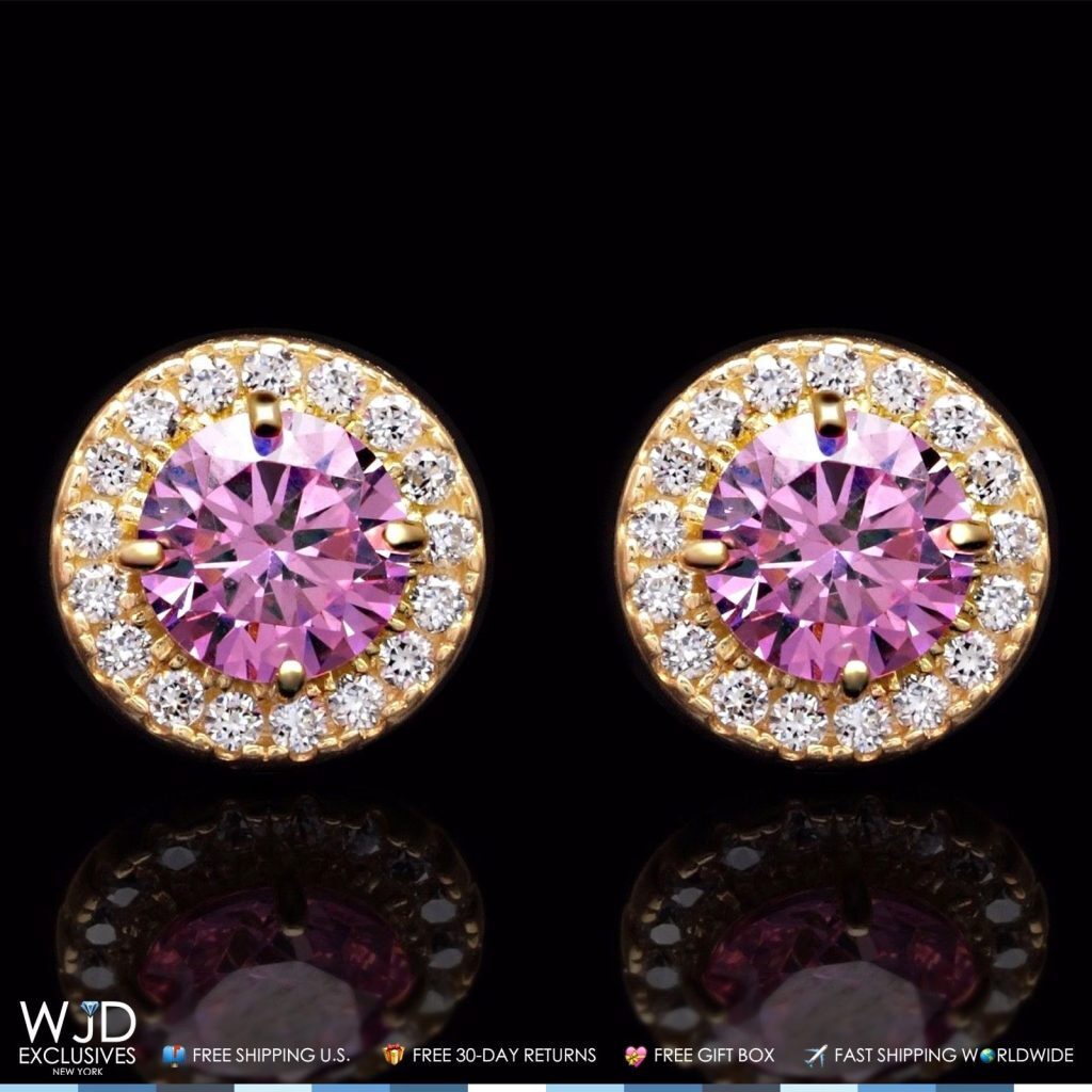 1.30CTW Simulated Diamond Pink Round 14K Yellow Gold Halo Stud Earrings