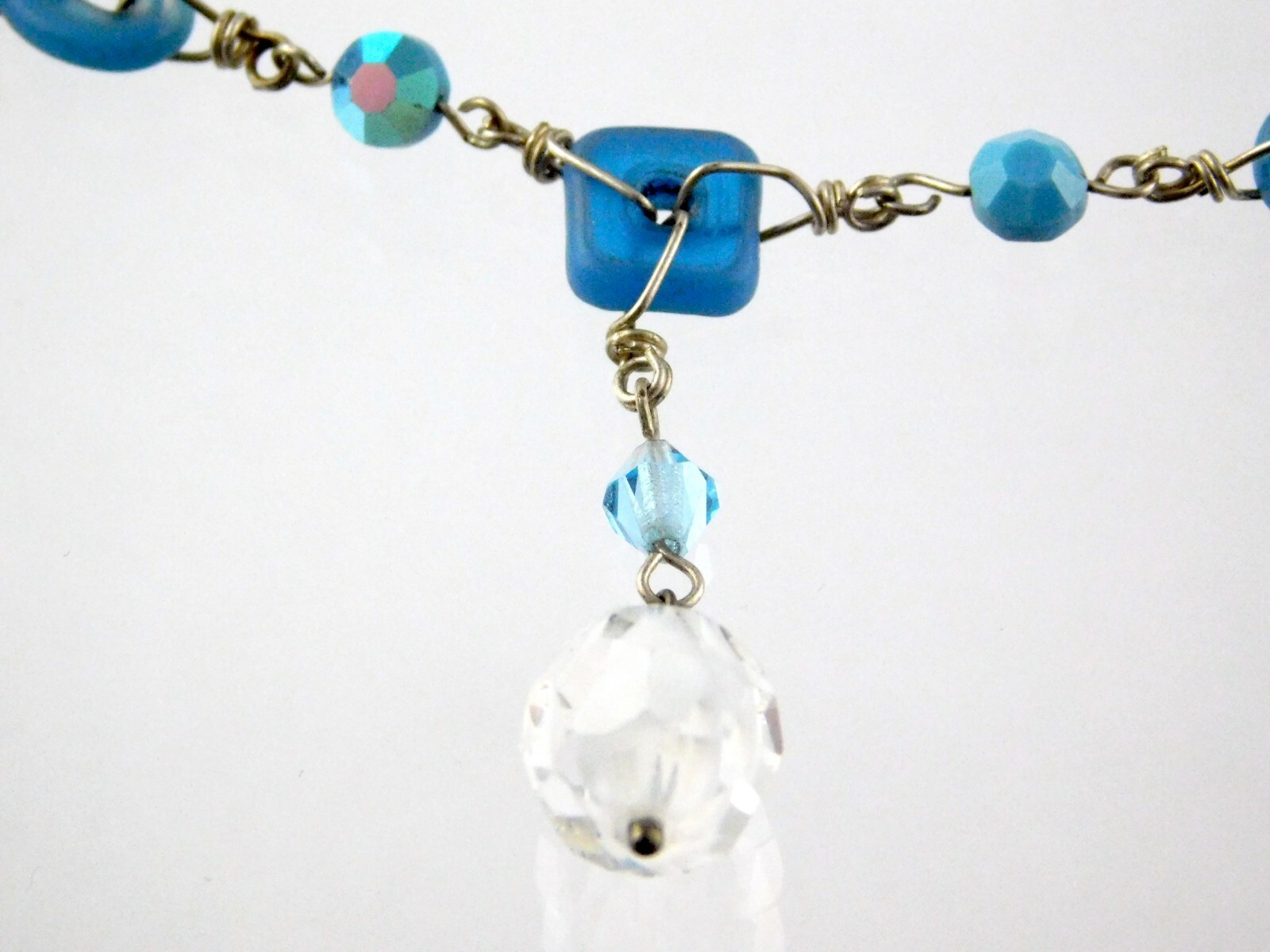 Silver Tone Metal and Art Glass Beaded Pendant Necklace Hook Clasp 17.5 Inches