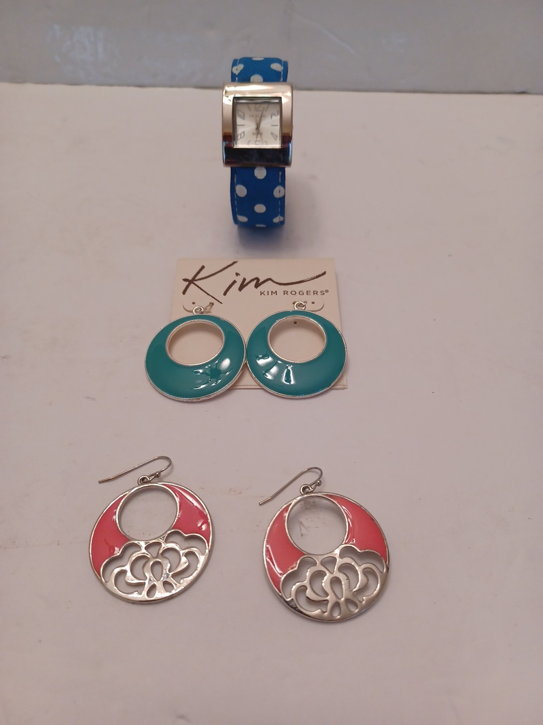 Kim Rogers Silver Tone Boho Enamel Earrings 2-Pair & Kim Rogers Watch Needs Batt