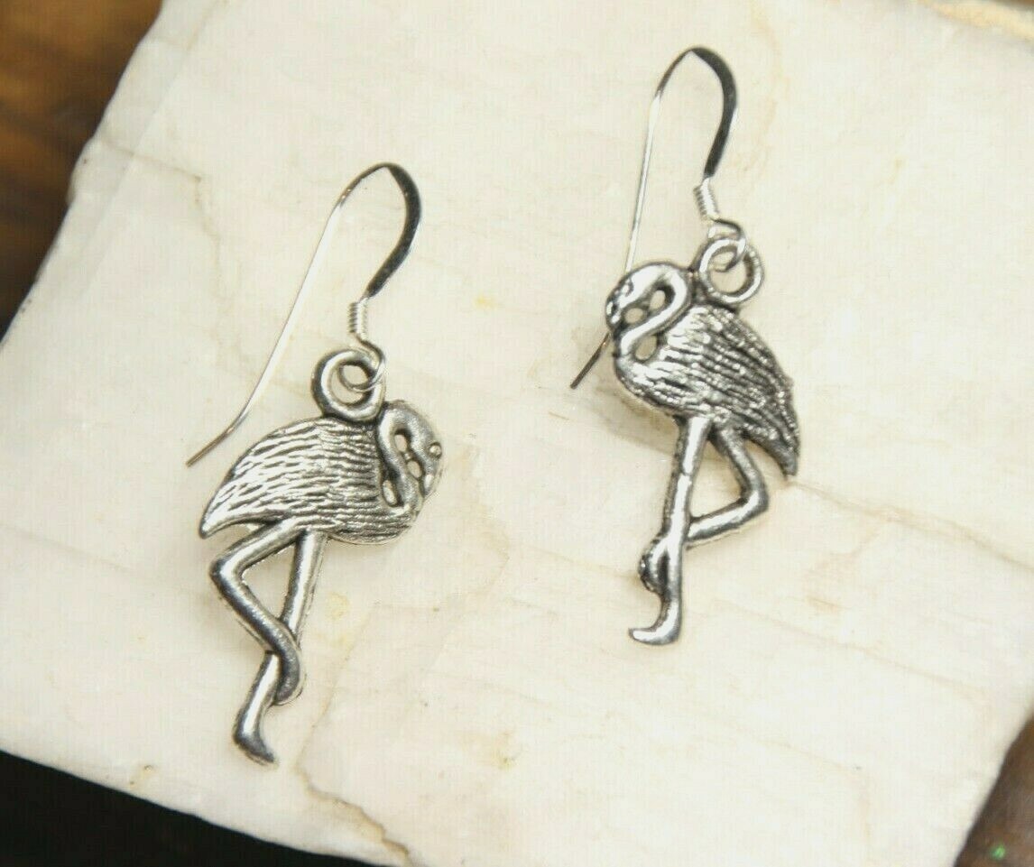Flamingo Charm Earrings 925 sterling silver hooks pewter charms Bird theme