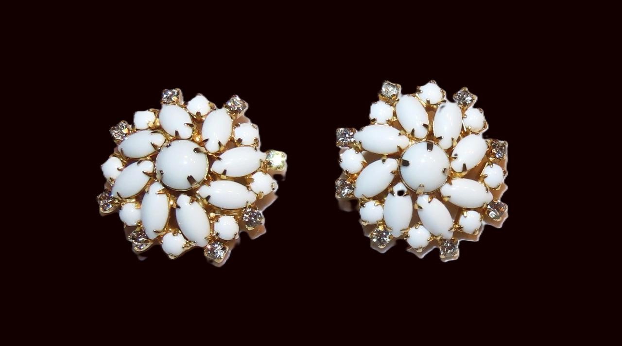 Hobe white milk glass & clear rhinestone earrings; 1 1/4 inch round; vintage