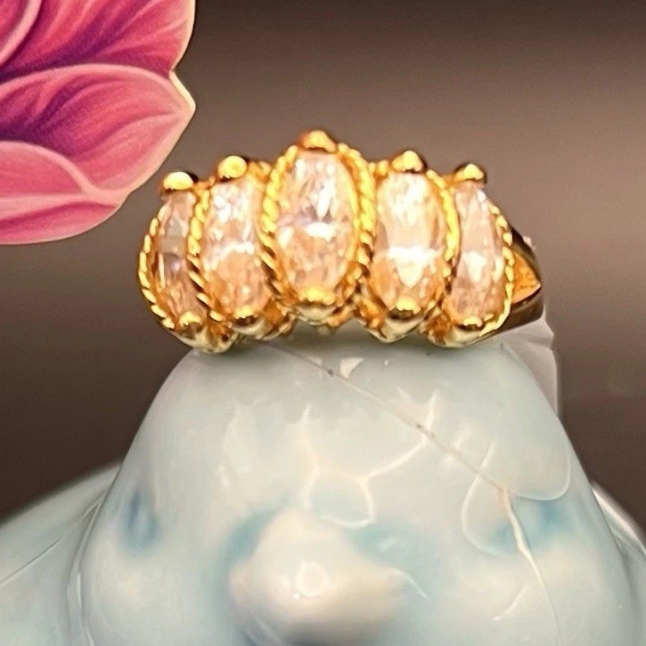 Beautiful Ring, 5 Marquise CZs in Gold Plate Setting, Delicate Rope Design, Sz 9
