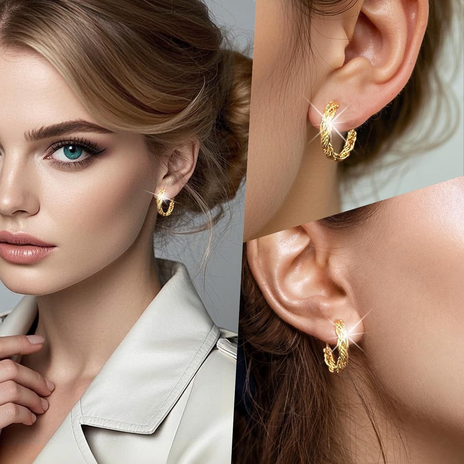 Twisted Gold and Silver Hoop Earrings for Women, 14K Gold Plated, Lightweight &