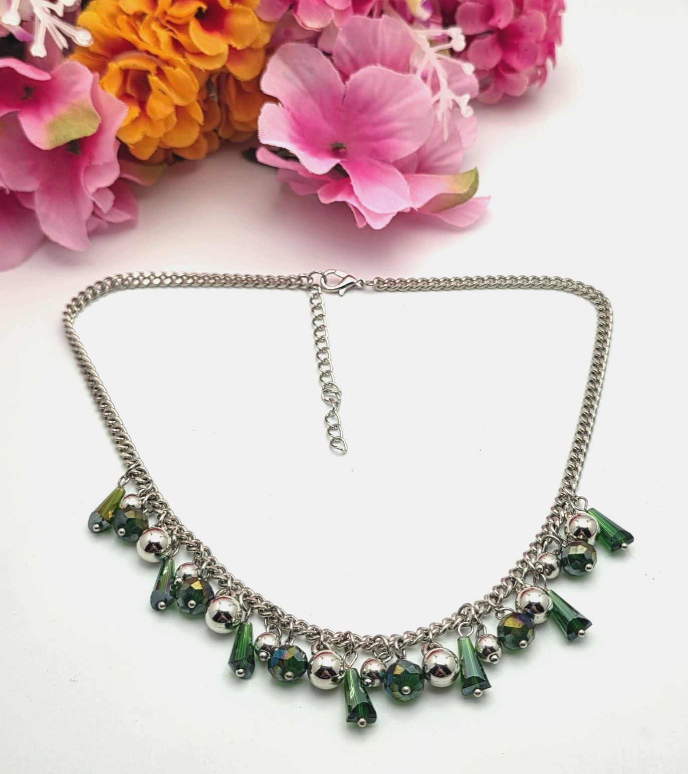 Silver Tone Green Crystal Bead Fringe Necklace Faceted Dangle 19 In Adj