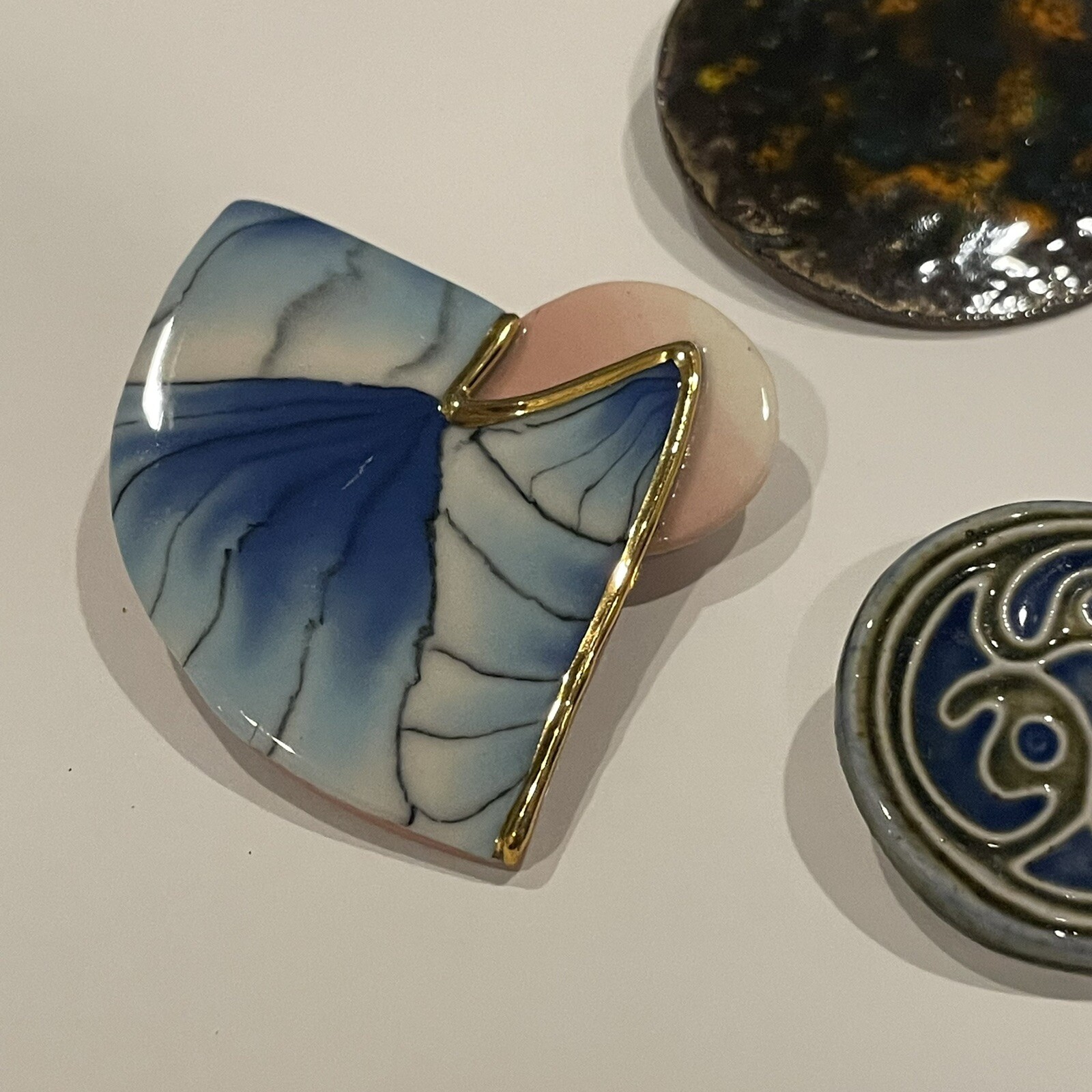 Lot Of 3 Handmade Handcrafted Brooch Pins Ceramic / Enameled Metal Etc