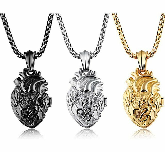 Stainless Steel Open Anatomical Organ Heart Memorial Locket Pendant Men Necklace