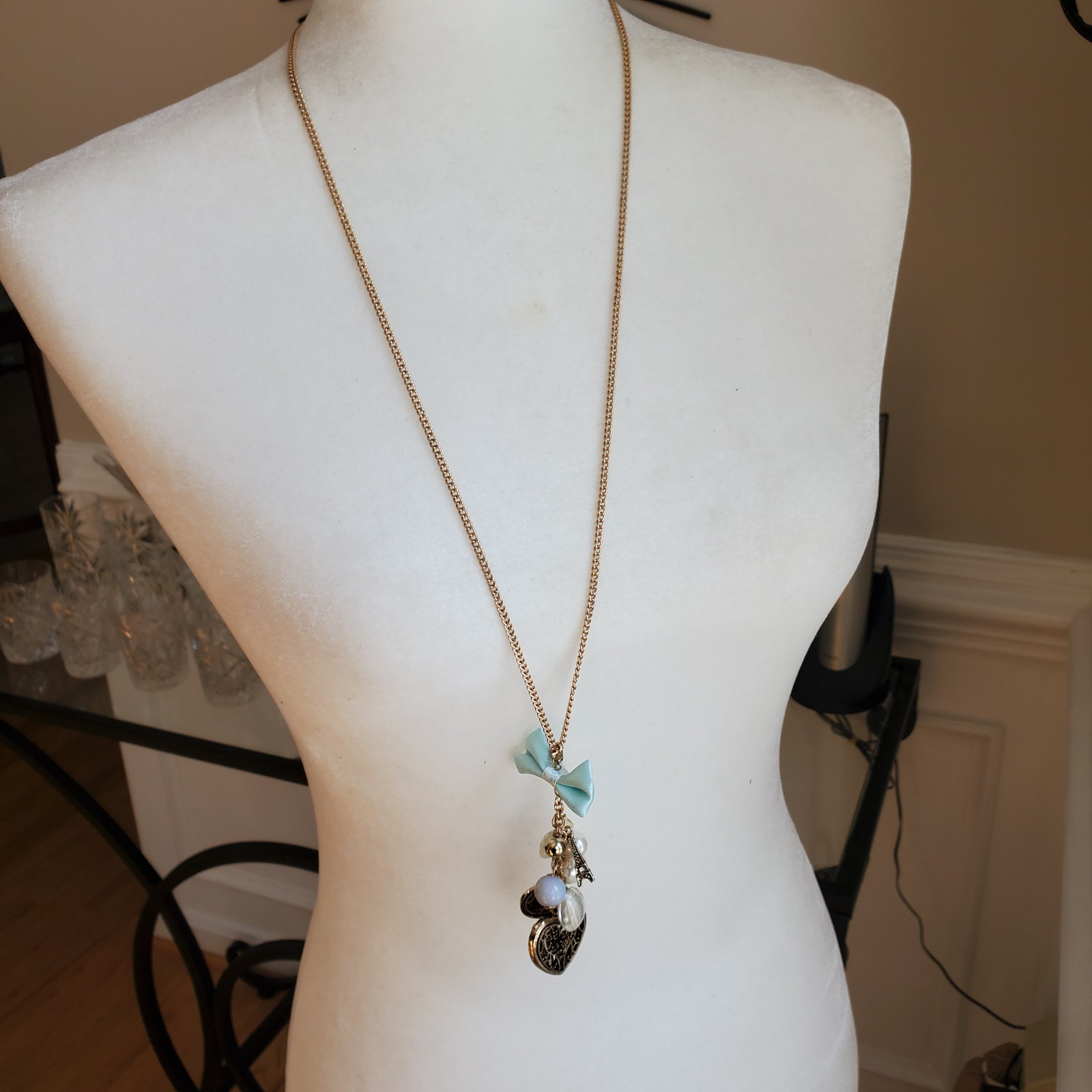 Paris Icons Long Necklace Goldtone – Musee d’Orsay Clock & Eiffel Tower – Heart