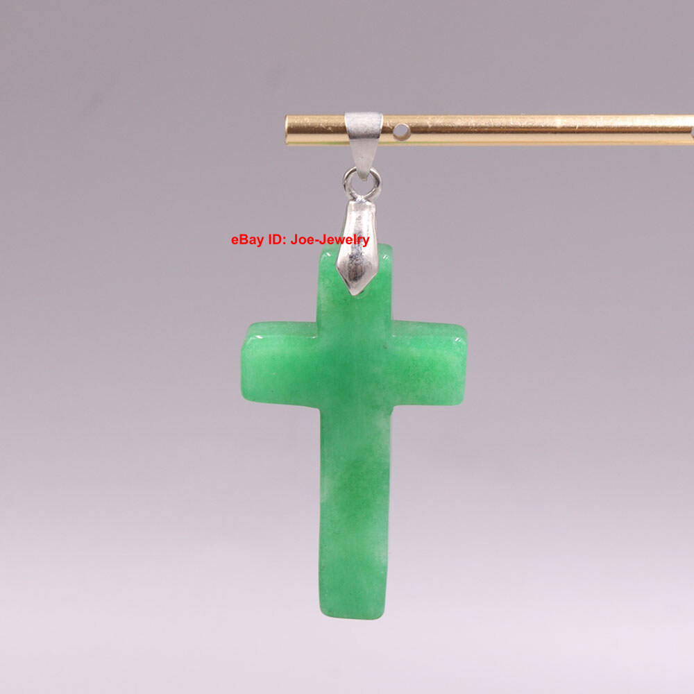 New Arrival White Alloy Heated Green Jade Cross Pendant 1.45inch H GIFT