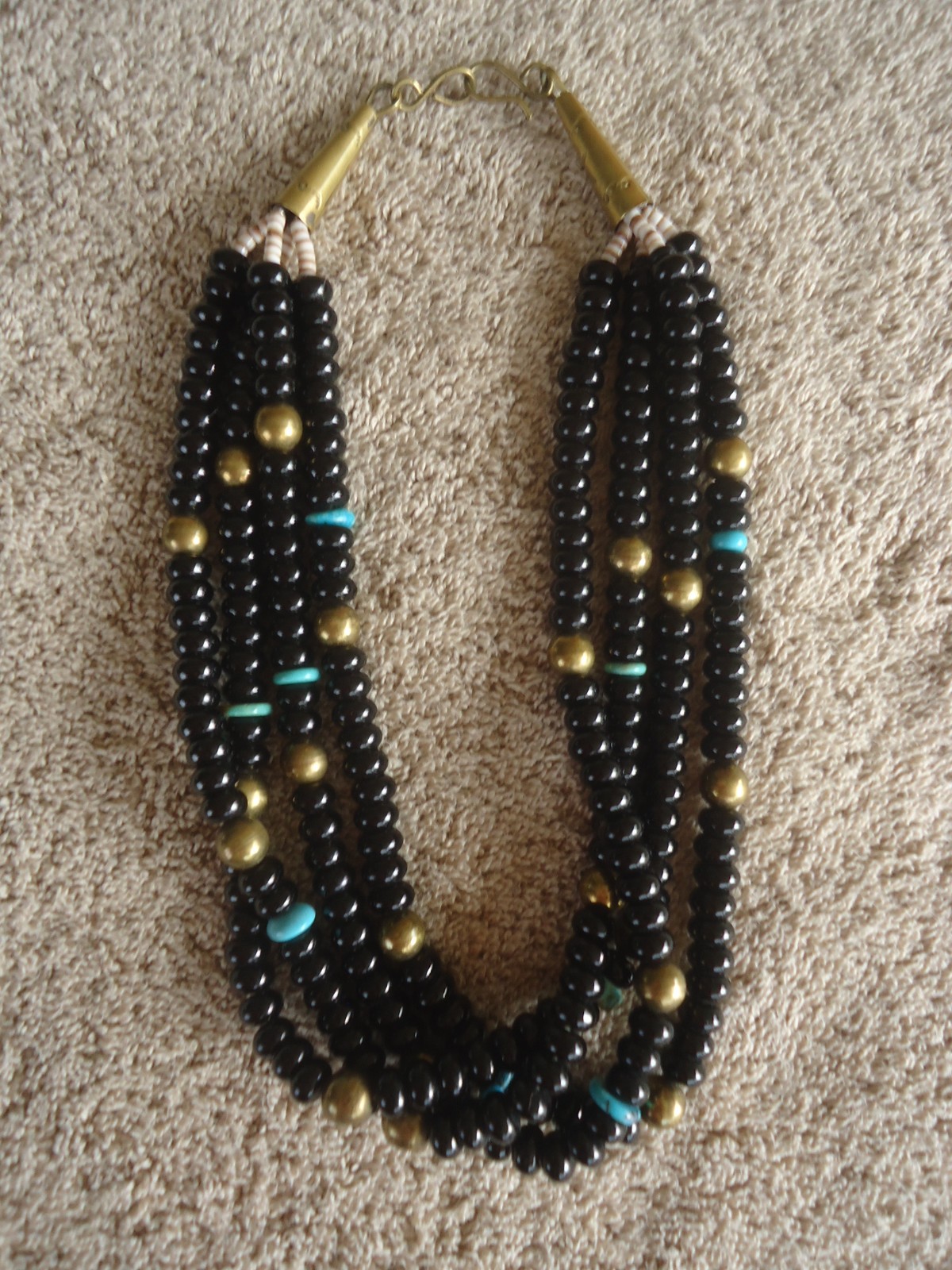Vintage Boho 4 Strand Onyx and Turquoise Beaded Necklace with Brass