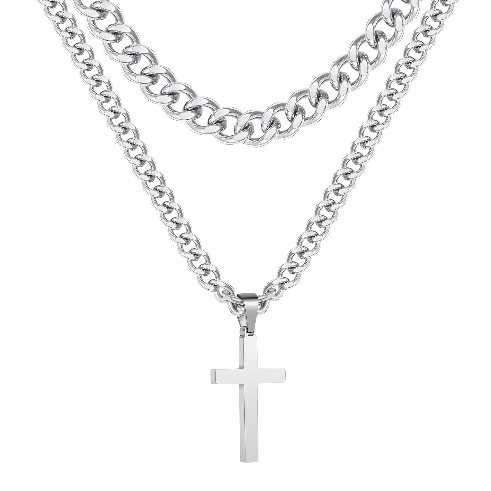Men Women Cross Necklace Stainless Steel Layered Pendant Cuban Link Chain Set