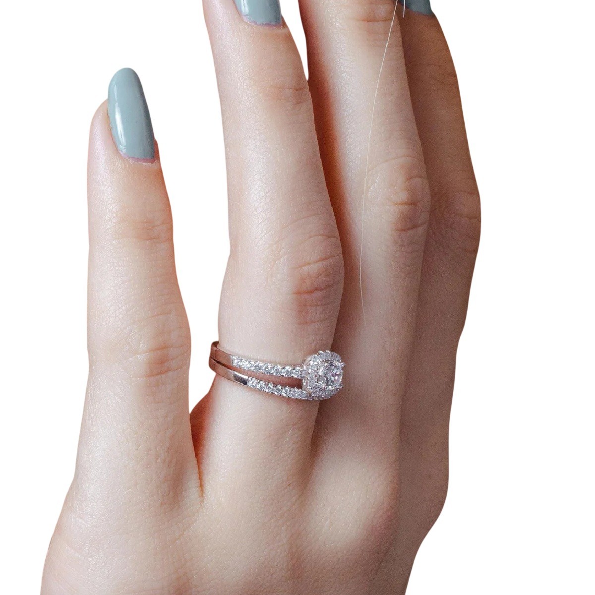 Sterling Silver Two Row Band CZ Stones Ladies Ring w/ 4 mm (0.25 ct) Center CZ