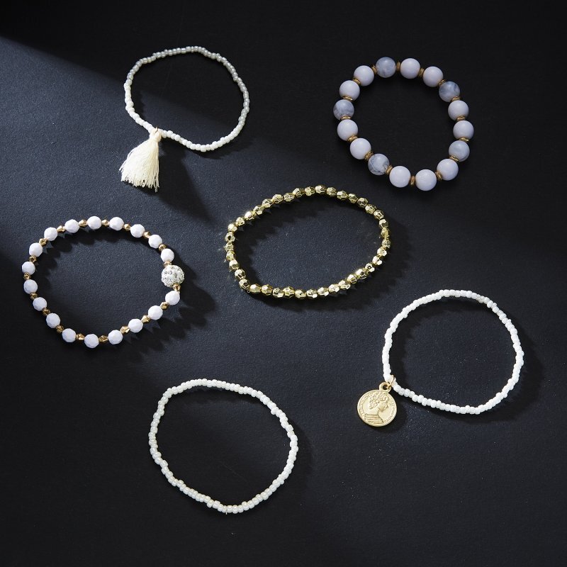 Fashion 6Pcs/Set Boho Tassel Crystal Multilayer Women Bangle Beaded Bracelet New
