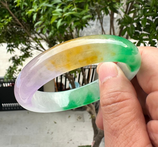 Natural Grade A Jadeite Bangle Tri-Color Green Lavender Yellow Burmese Jade 62mm