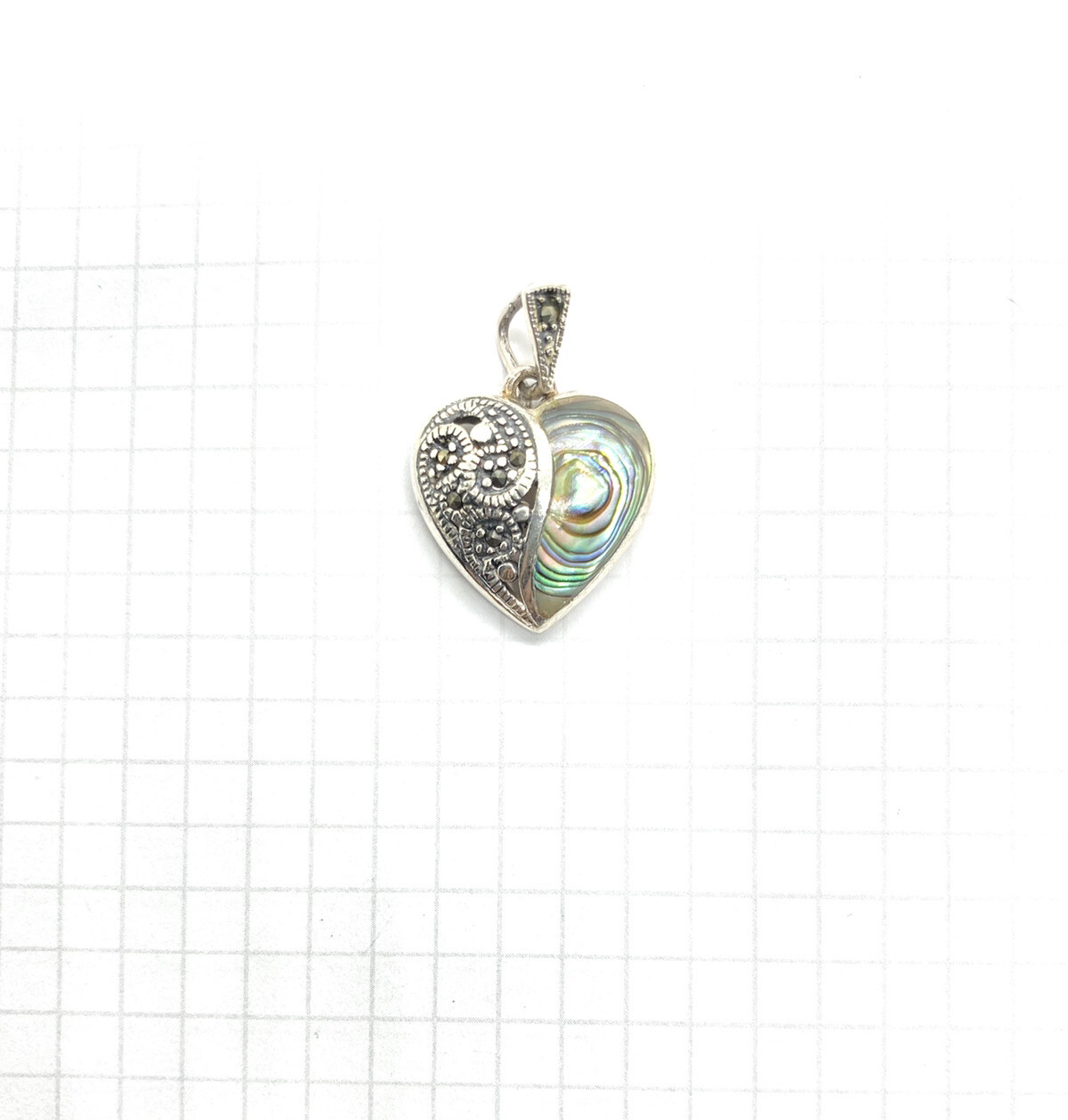ABALONE SHELL HEART PENDANT Marcasite Stones Filigree .925 STERLING SILVER