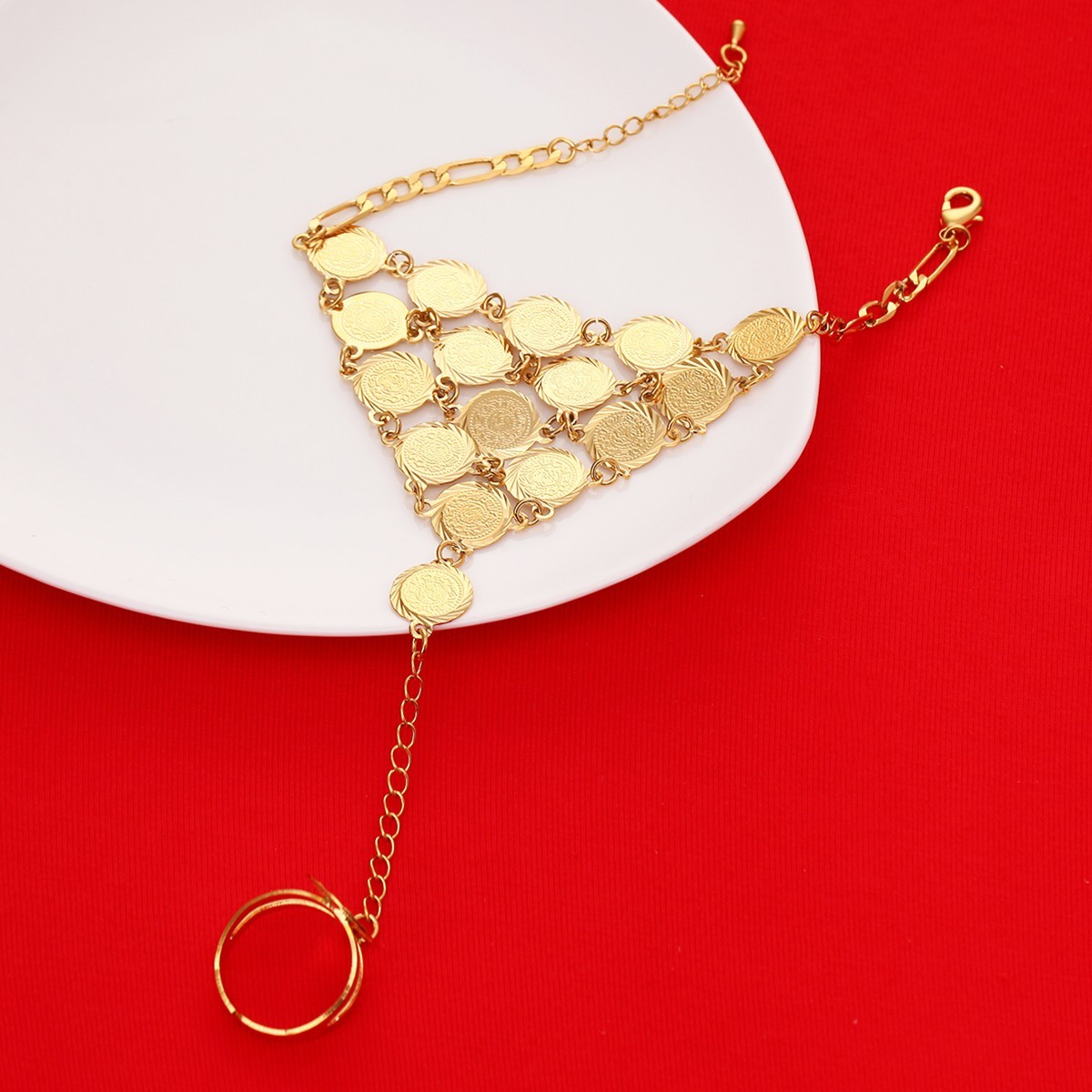 Gold Tone Middle Eastern Coin Charm Bracelet Arab Style Bangle for Women Gift