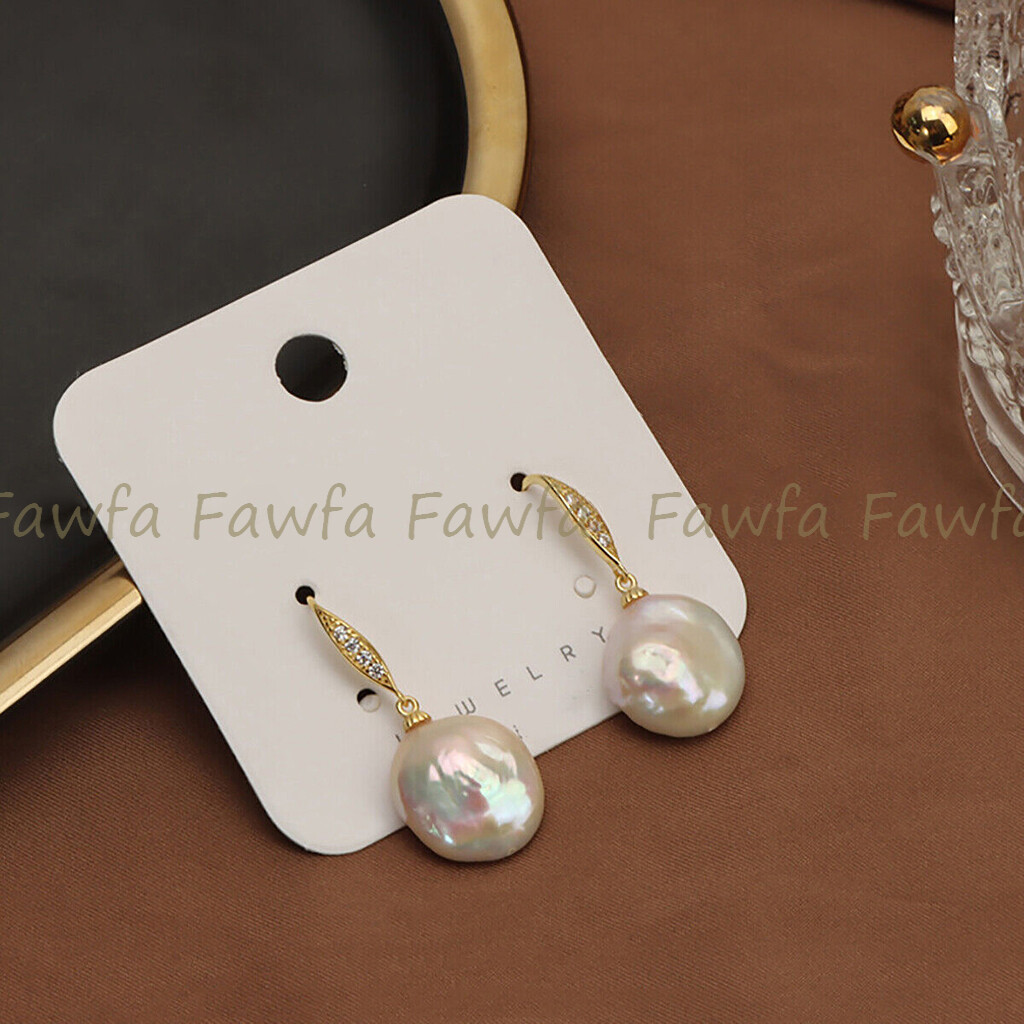 Natural 12-13mm White Freshwater Coin Pearl Dangle Rhinestone Hook Earrings