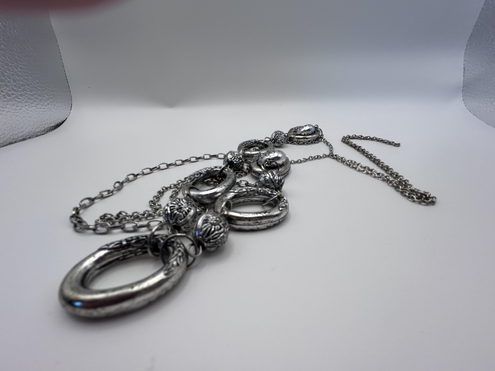 Necklace Silver Tone Layered Chain Statement Oval Link Floral Beads 30 Inch