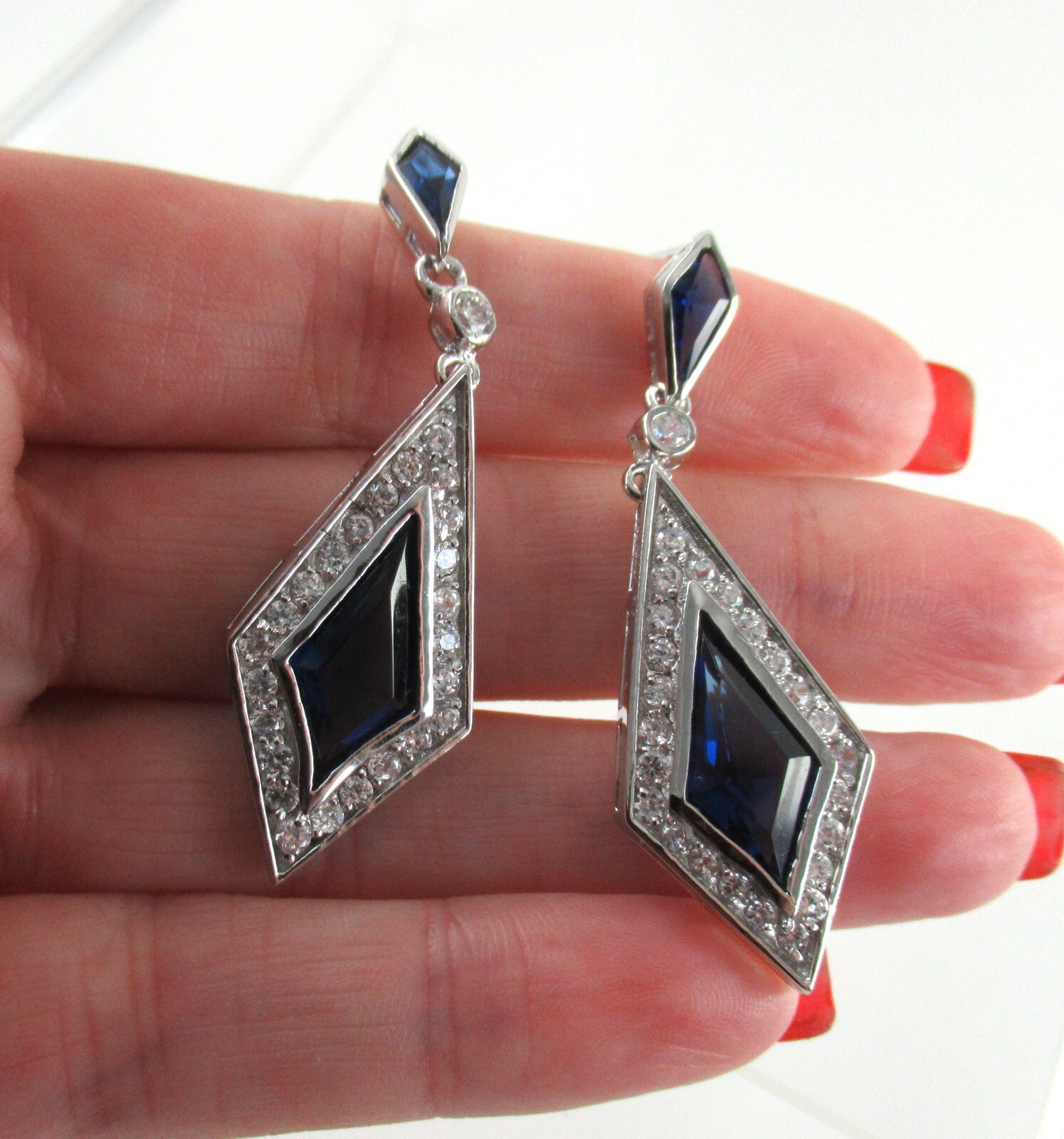 .925 Sterling Silver Blue & White CZ Earrings Art Deco Kite Shaped Elegant 2.25″