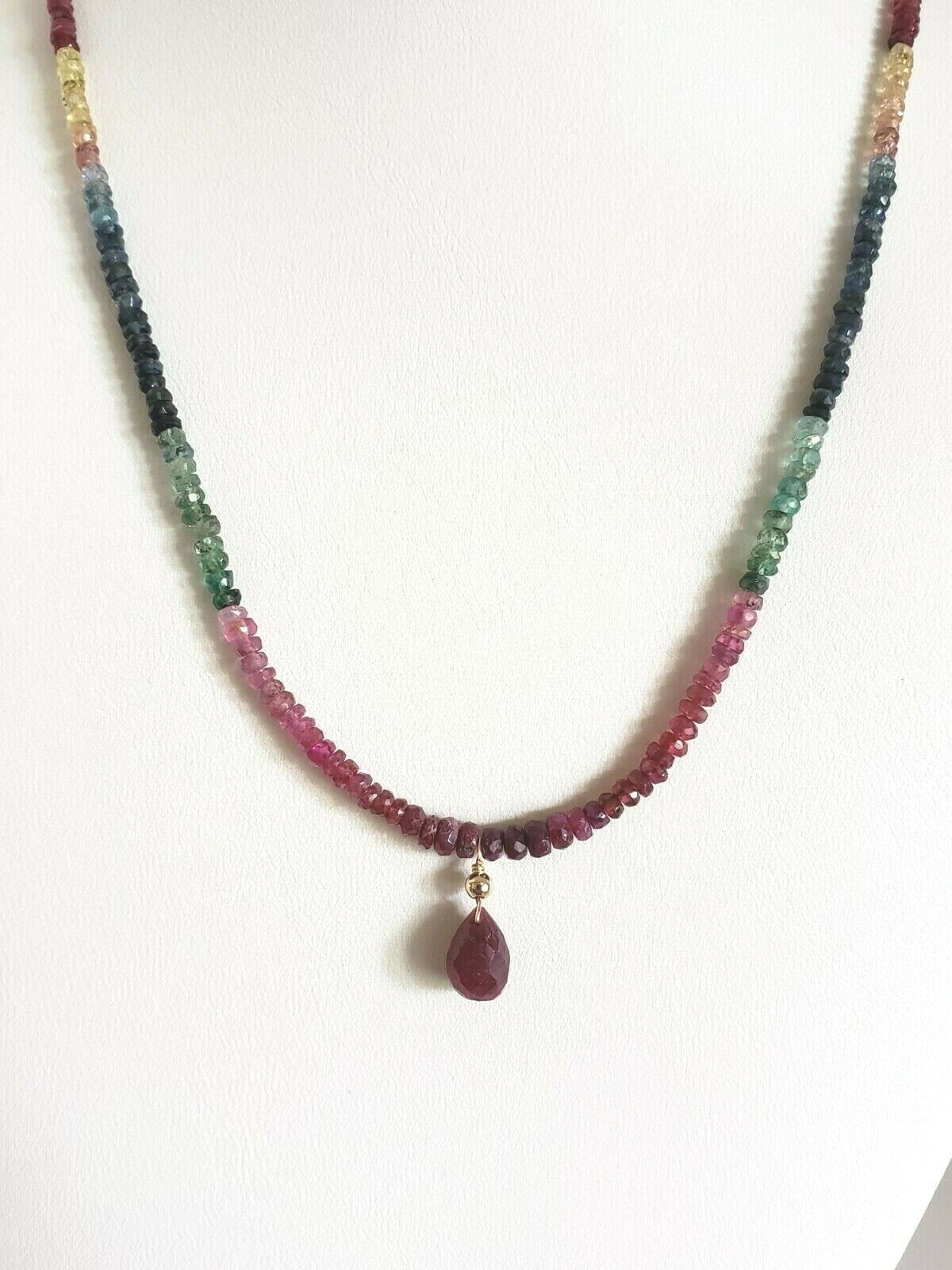 14k Yellow Gold Ruby Briolette, Sapphire, Emerald Beaded Necklace 18″
