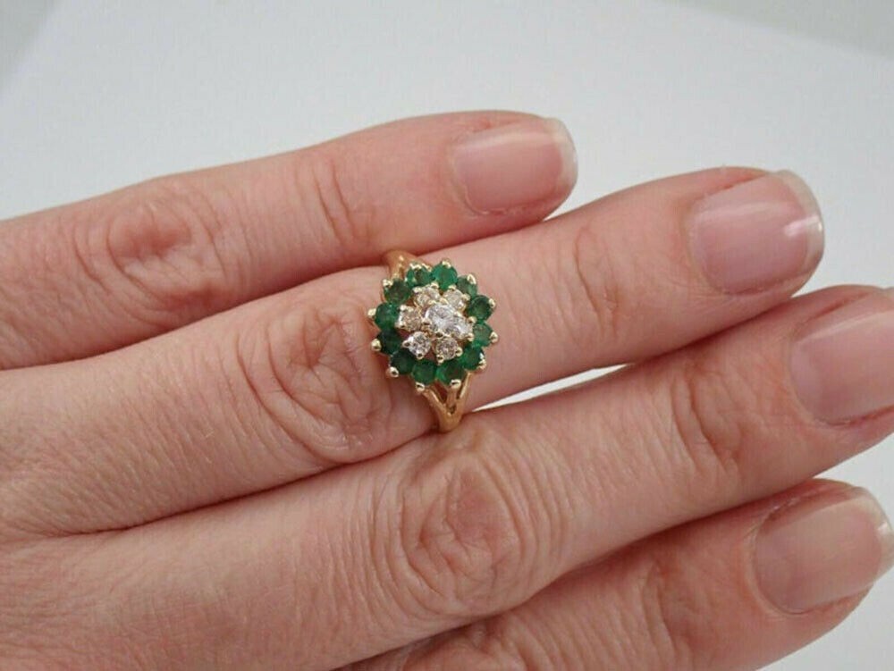 1.35Ct Simulated Emerald & Diamond Engagement Ring 14K Yellow Gold Plated Silver