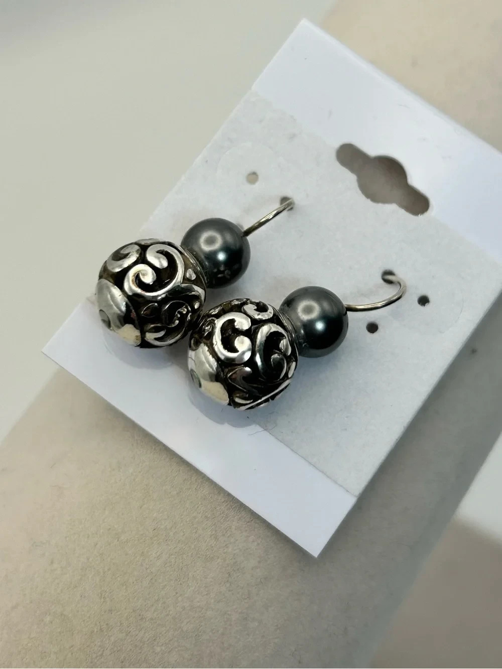 Brighton Contempo Gray Pearl Ball Earrings Silver Plated Dangle Drop 1″