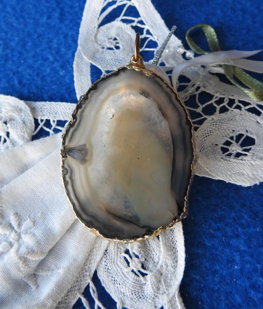 Estate Natural Agate Slice Gold Tone or Plated Stone Pendant 2″ X 1 3/8″