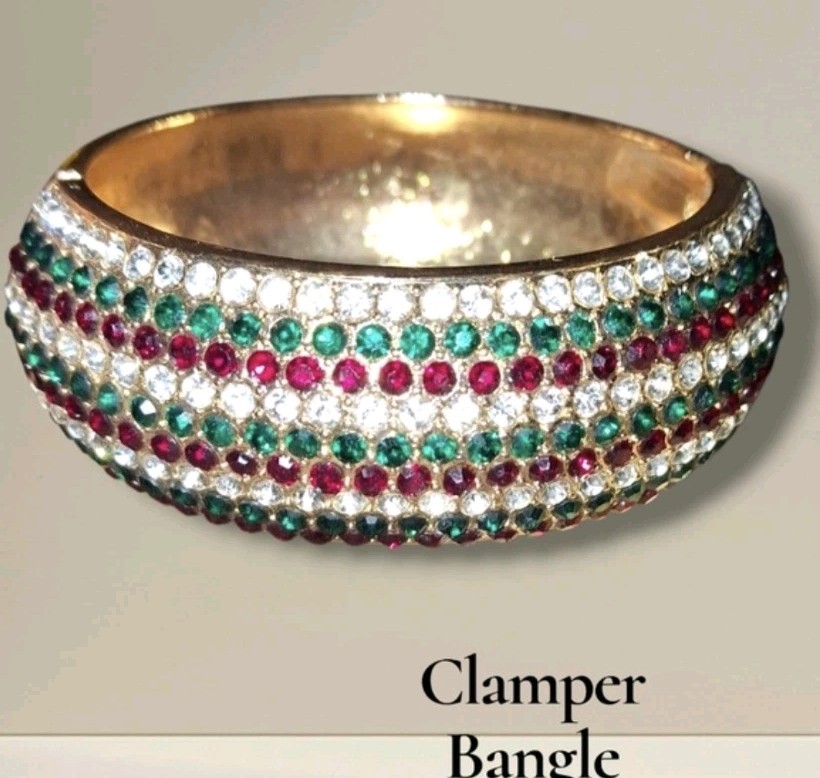Gold Tone Pave Rhinestone Clamper Bangle Cuff Statement Bracelet