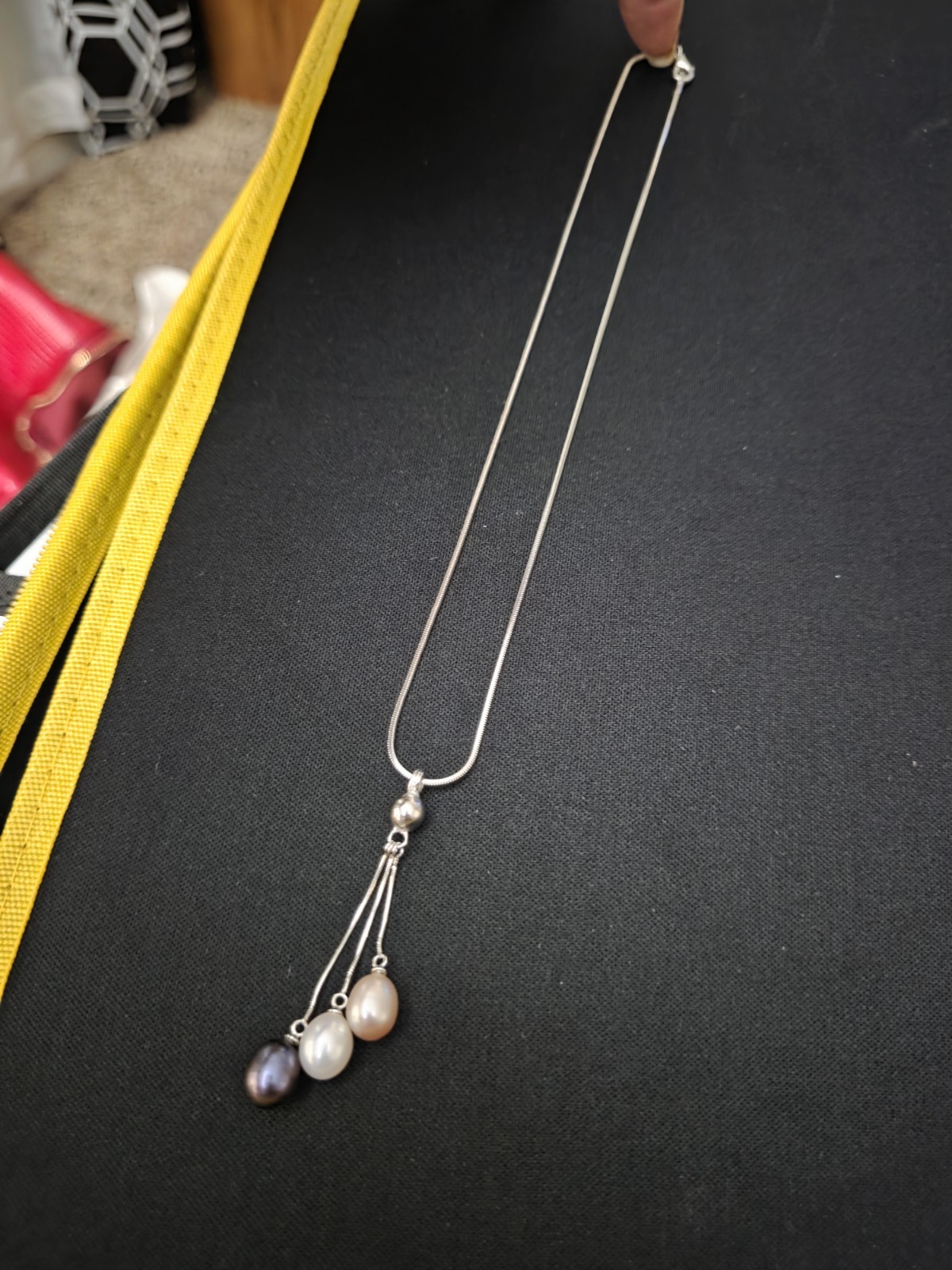 Snake Chain Necklace with Three Oval Pearl Pendants in Silver Tone
