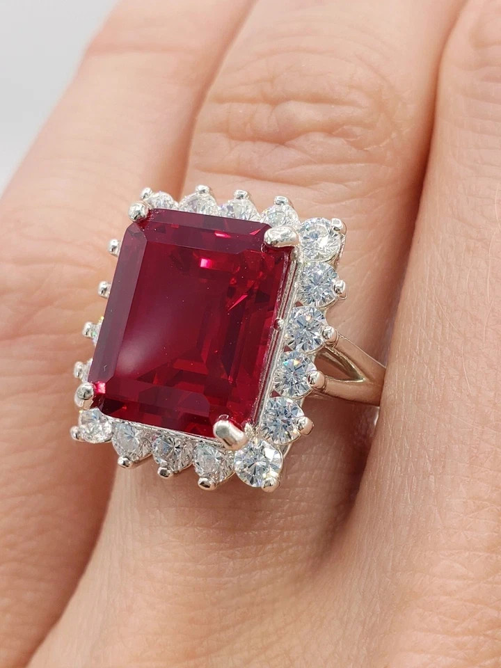 6.80Ct Emerald Cut Natural Ruby Diamond Engagement Ring 14K White Gold Plated
