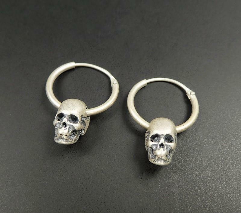 Tiny Small Matte 925 Sterling Silver Skull on Hoop Pierced Earrings Lightweight