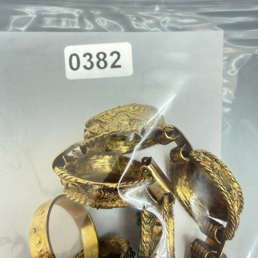 Vintage Gold Tone Green Stone Ring and Bracelet Set MCM Etruscan Revival Chic