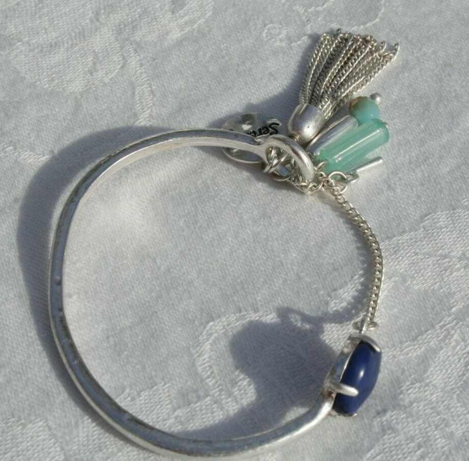 Charm Bracelet Black Cabachon Silver Tone Blue Crystal Dangle Toggle 7.5″