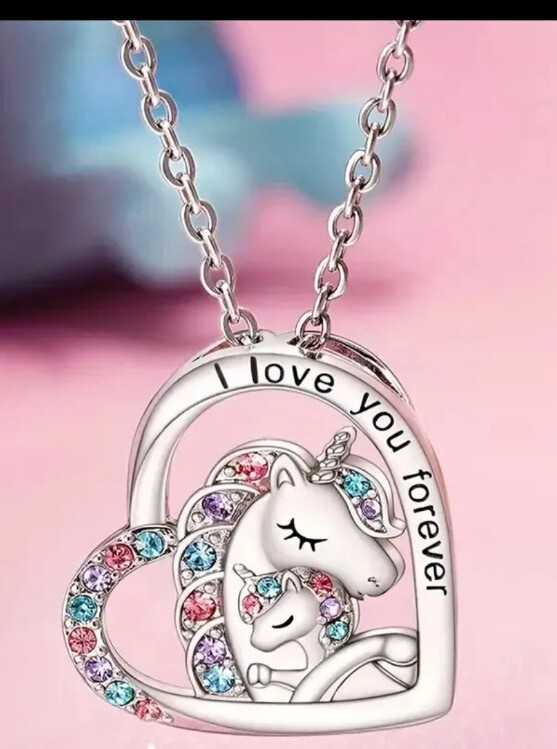 Lovely Heart Shaped Unicorn Pendant Necklace Mom Daughter I Love You Forever