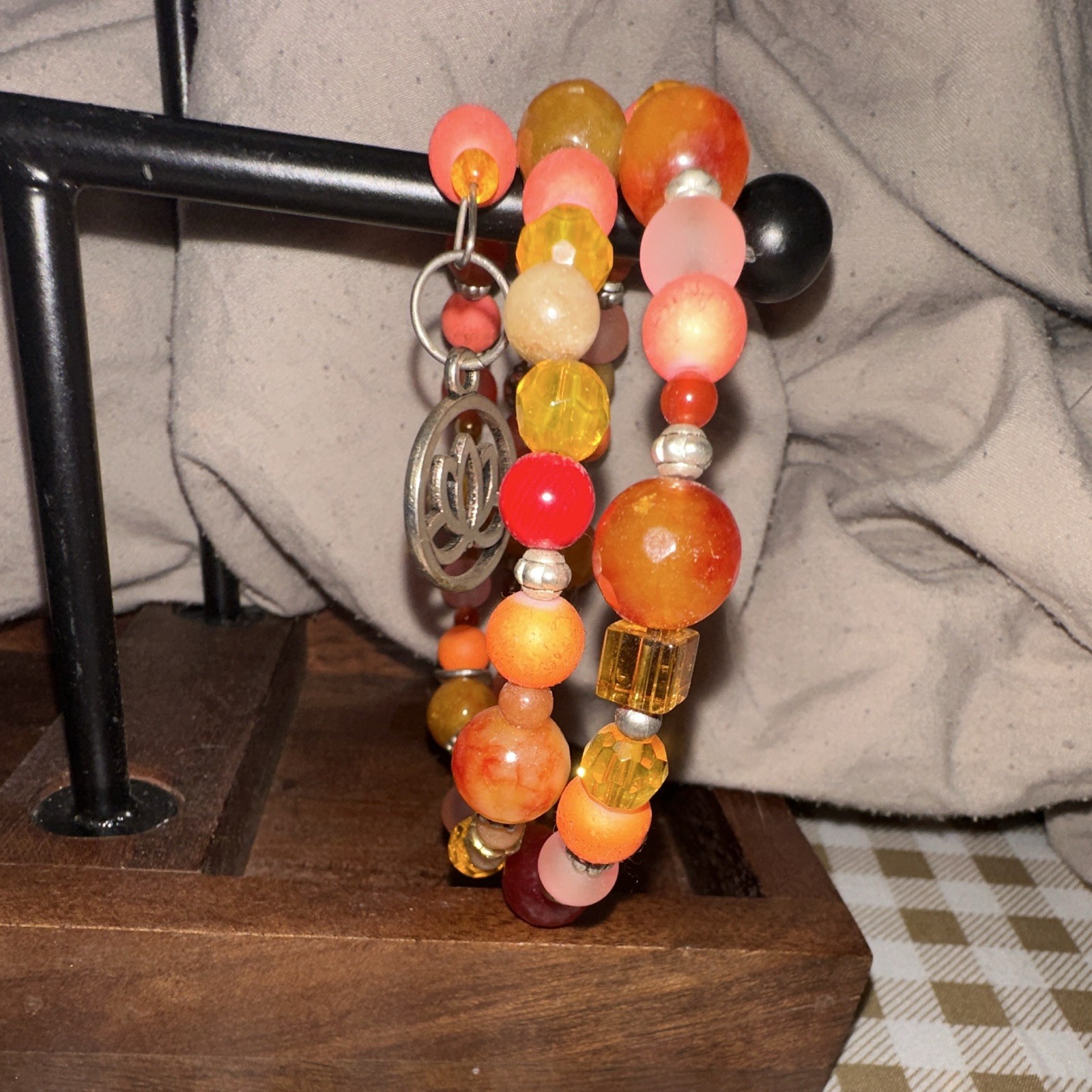 Multicolor Round Bead Beaded Charm Bracelet Lotus Dangle Lobster Clasp