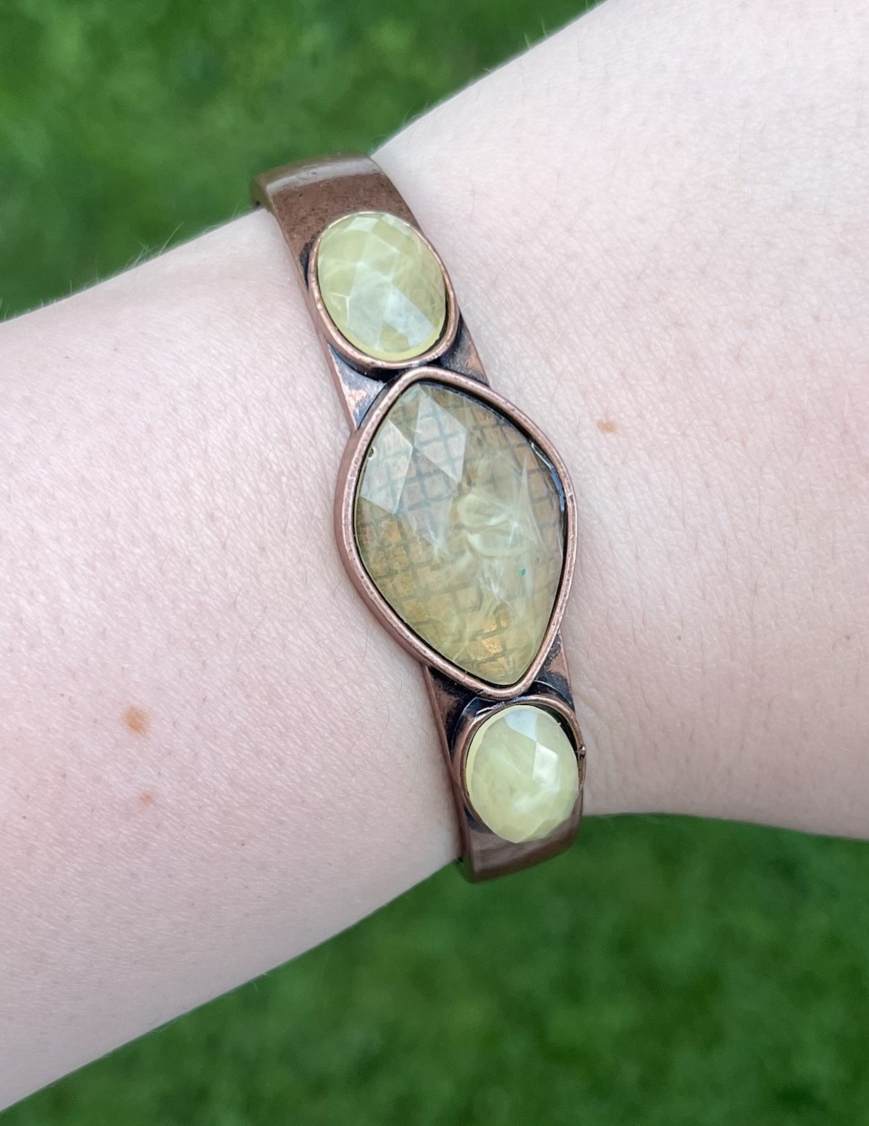 Rustic Copper Tone Cuff Bracelet Faceted Yellow Resin Stones Bohemian