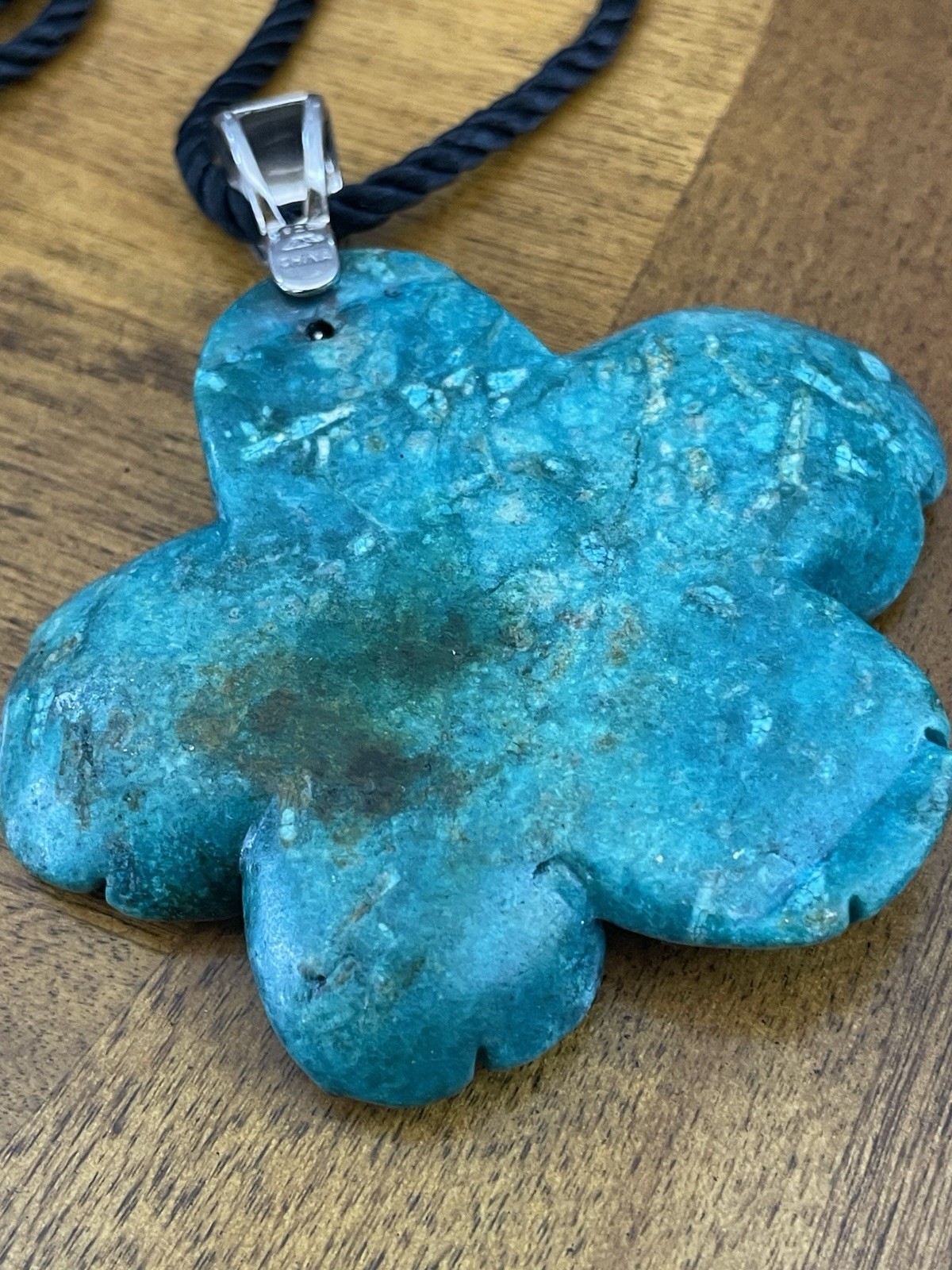 Large Carved Turquoise Look Flower Pendant. 925 Clasp On Rope