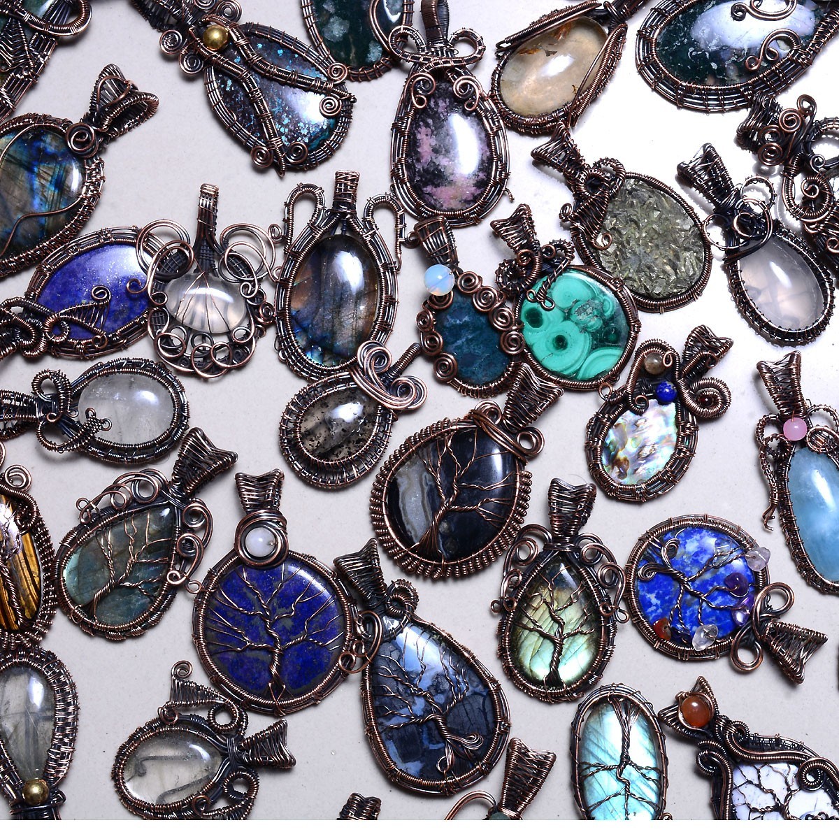 Natural Handmade Mix Gemstone Copper Wire Wrap 10 Pcs Lot Pendant Jewelry Reiki