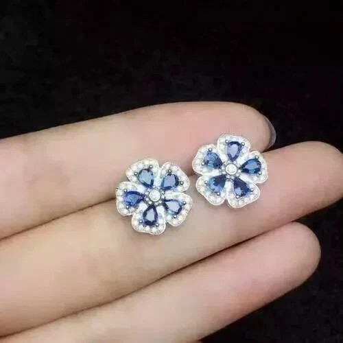 3 Ct Pear Cut Simulated Blue Sapphire Flower Stud Earring 14k White Gold Plated